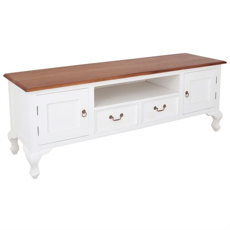 TwoTone QueenAnne Solid Wood Timber French 2 Door 2 Drawer TV Console Unit, 180cm, White Caramel TWS899EU-202-QA-WR