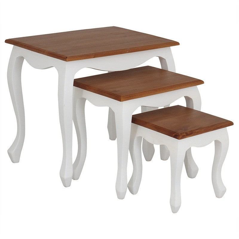 TwoTone QueenAnne 3 Piece Solid Wood Timber French Nested Table Set, White Caramel TWS899NT-300-QA-WR_1